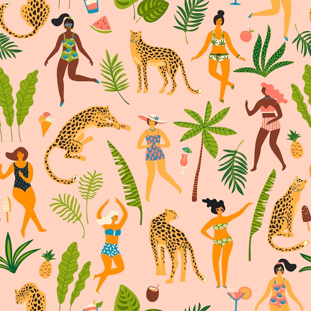 Vector seamless pattern with women and leopards.