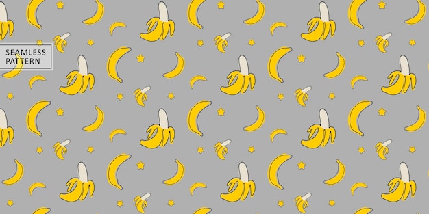 Vector seamless pattern with yellow bananas and stars on a gray background for textiles design wrapping paper covers