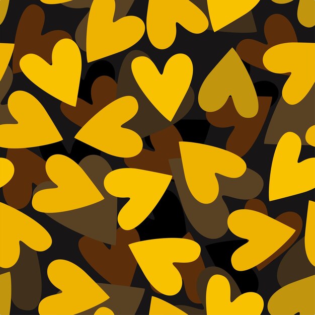 Vector seamless pattern with yellow and brown hearts on dark background