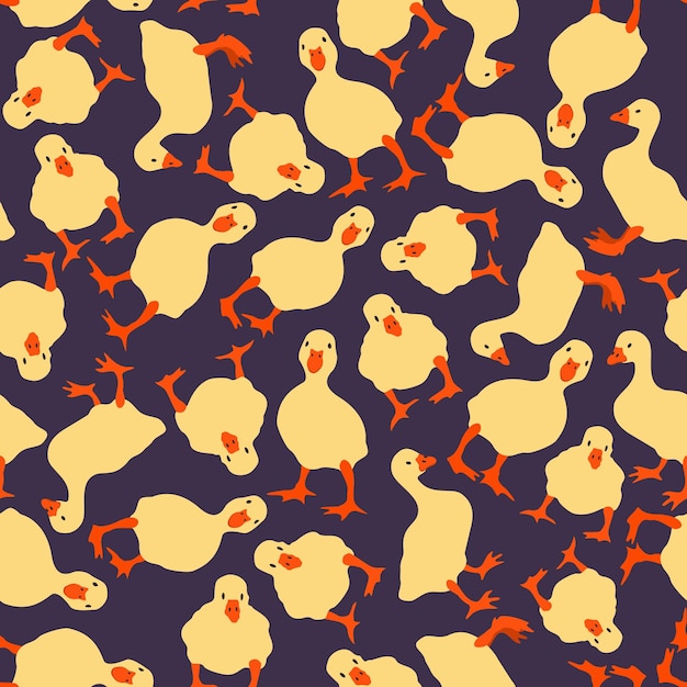 Vector vector seamless pattern with yellow goslings on dark violet background cute small farm birds