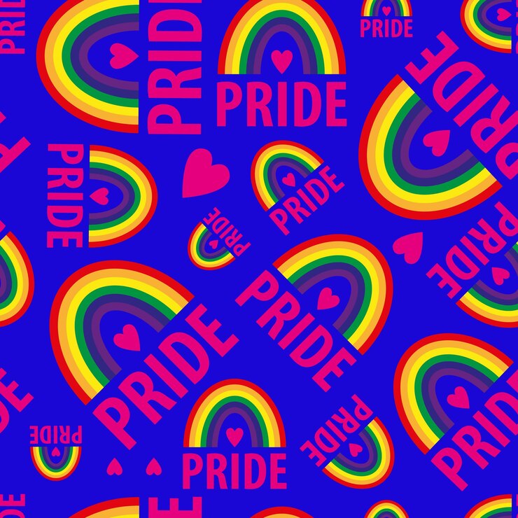직물 벽지 랩 사이트에 대한 LGBT 커뮤니티의 상징인 전기 파란색 배경에 프라이드 프라이드 레즈비언 게이 양성애자 심장 무지개라는 단어의 벡터 매끄러운 패턴