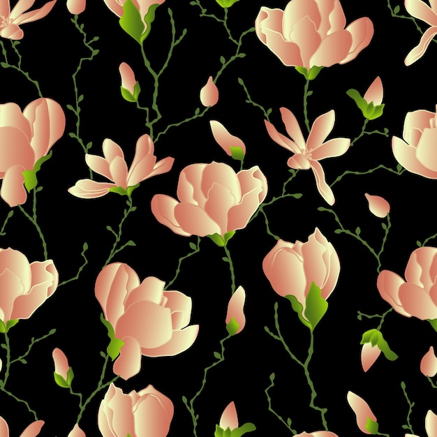 Vector seamless patterns of magnolia flowers with branches and leaves Botanical illustration for wallpaper textile fabric clothing paper postcards