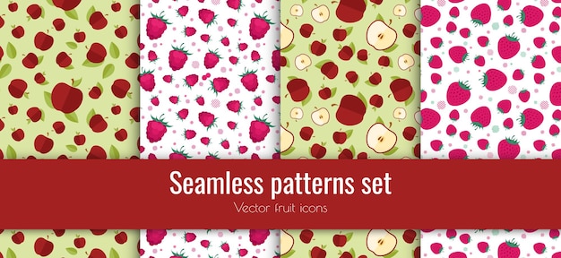 Vector seamless patterns set with flat fruit icons. Food signs collection.