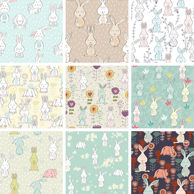 Vector seamless patterns with bunnies and flowers