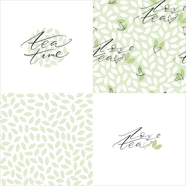 Набор векторных бесшовных узоров с зелеными листьями и каллиграфическими карточками на чайную тему.