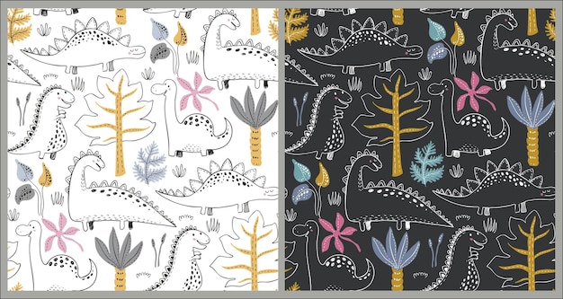 Vector seamless patterns with hand drawn dinosaurs and tropical leaves and flowers