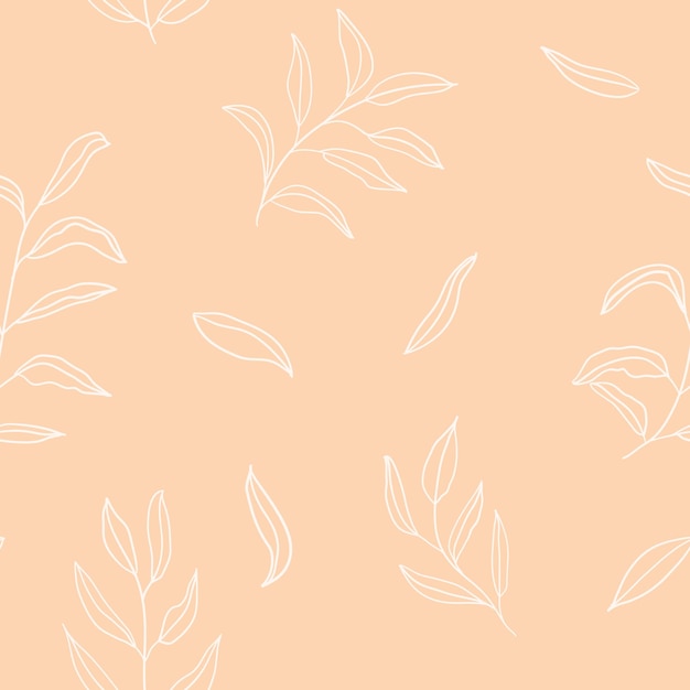 Vector seamless plant pattern background with white hand drawn outline branches on a beige backdrop