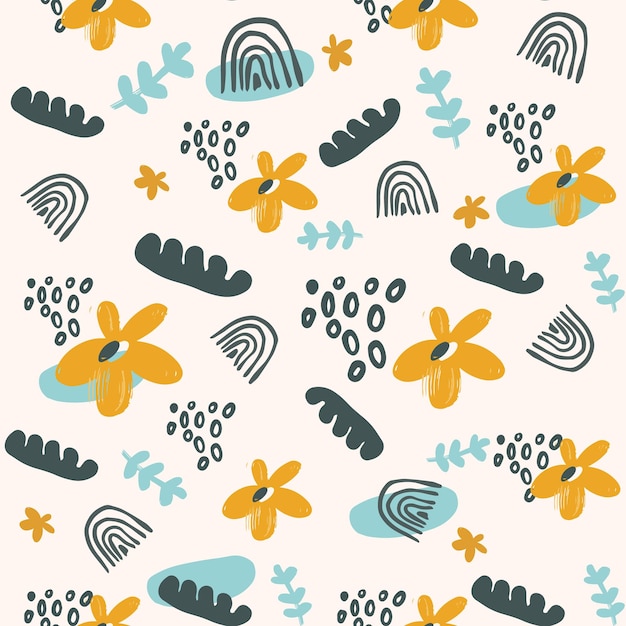 Vector seamless repeating pattern with hand drawn flowers rainbow dots doodles and different shapes