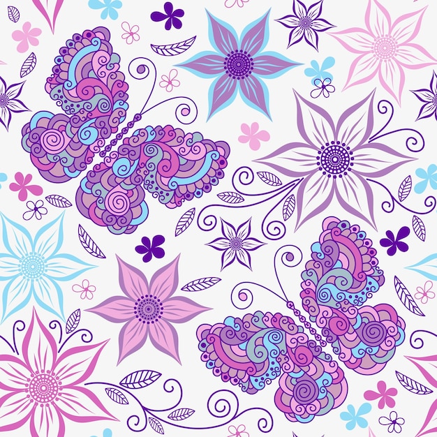 Vector seamless spring pattern with lace colorful pastel butterflies