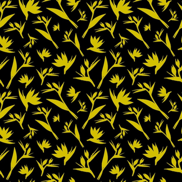 Vector seamless strelitzia pattern Strelitzia crane lily bird of paradise tropical flower in golden color isolated on black background