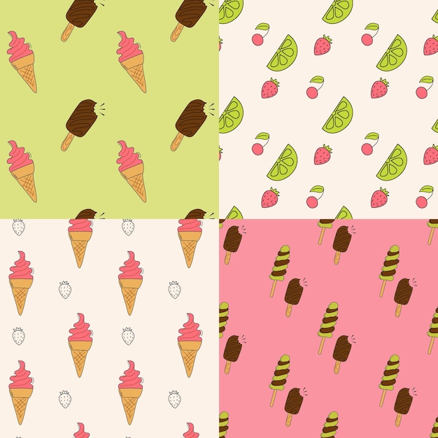 Vector seamless summer pattern sweet desserts ice cream popsicle pineapple watermelon cherries tropical leaves