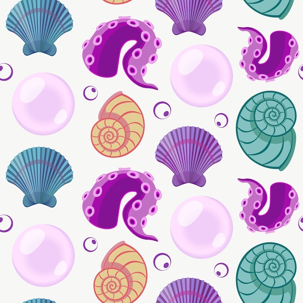 Vector seamless summer pattern with sea elements shells pearls and bubbles