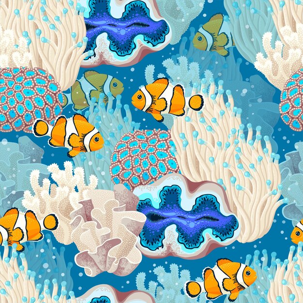 Vector seamless tropical pattern with coral reef and fish