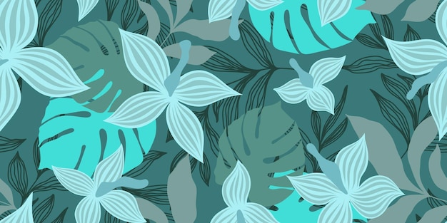 VECTOR SEAMLESS TURQUOISE BANNER WITH MINT FLOWERS AND COLORFUL TROPICAL LEAVES