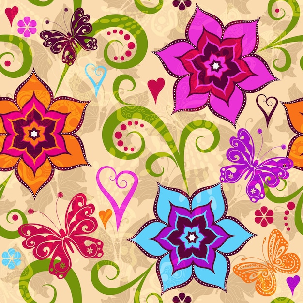 Векторный бесшовный цветочный узор с винтажными завитками