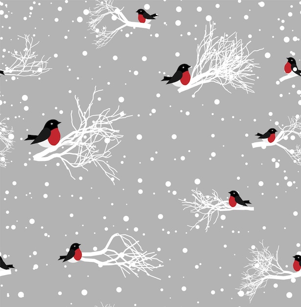 Vector seamless winter pattern in bullfinches