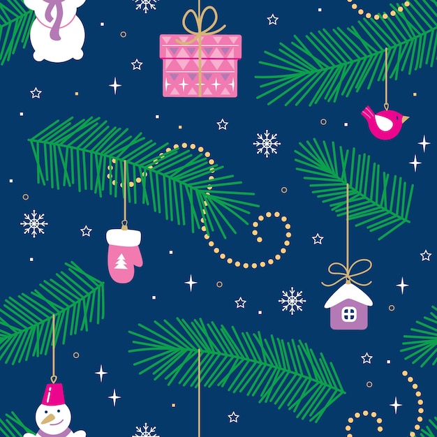 Vector vector seamless winter pattern christmass toys on fir branches new year decoration background