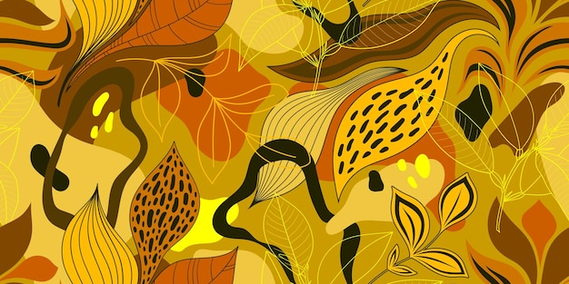 VECTOR SEAMLESS YELLOW BACKGROUND WITH MULTICOLORED ABSTRACT SPOTS AND TWIGS