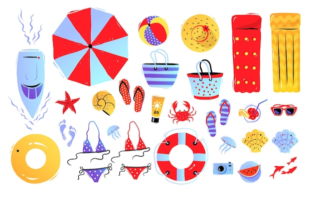 Vector vector seaside top view illustrations set withbeach accessories