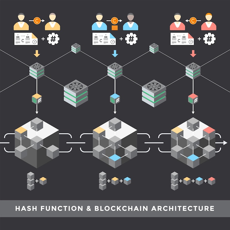 Vector vector secure encryption hash function principal scheme infographic blockchain cryptographic architecture technology digital business concept illustration