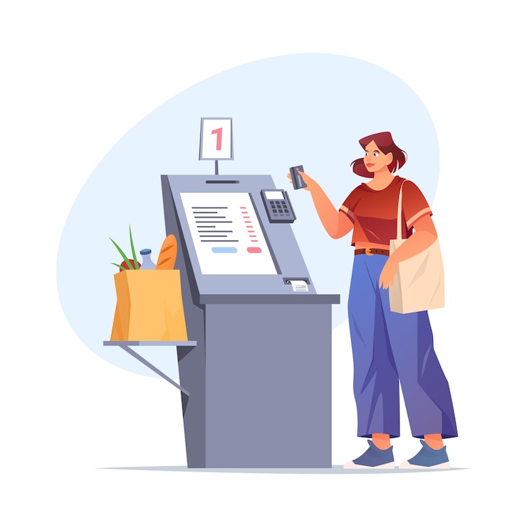 Vector vector self service terminal at food store flat cartoon image of checkout cashier at grocery store kiosk for supply payment at supermarket or shop scanner at counter for product purchase