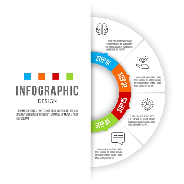 Vettore modello di presentazione aziendale infografica a semicerchio vettoriale con modello a 4 fasi per la presentazione