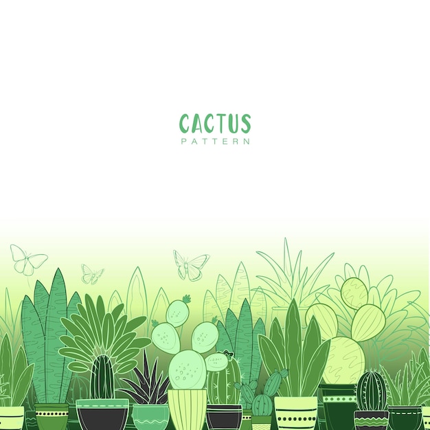 Vector semless pattern with cacti and aloe home plants in pots