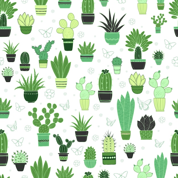 Vector semless pattern with cacti in pots without background