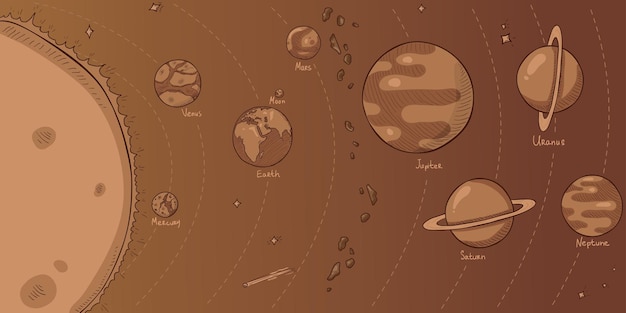 Vector sepia sketch illustration solar system with sun and all planets