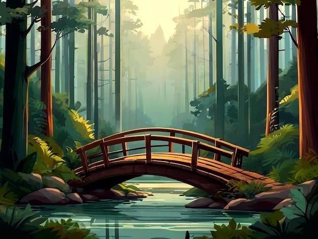 vector Serene forest bridge illustration isolated