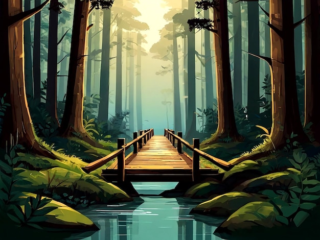 Vettore illustrazione del ponte vettoriale della foresta di serene isolata