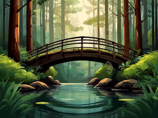 vector Serene forest bridge illustration isolated