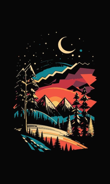 Vector of a serene moonlit landscape with majestic mountains and lush trees