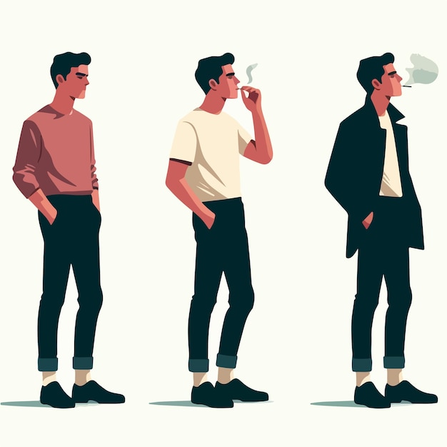 Vector vector set of 3 smoking people characters with flat design style