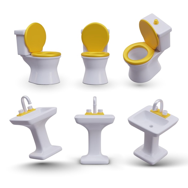 Vector set of 3D illustrations Porcelain toilets with gold seats washstands with faucet