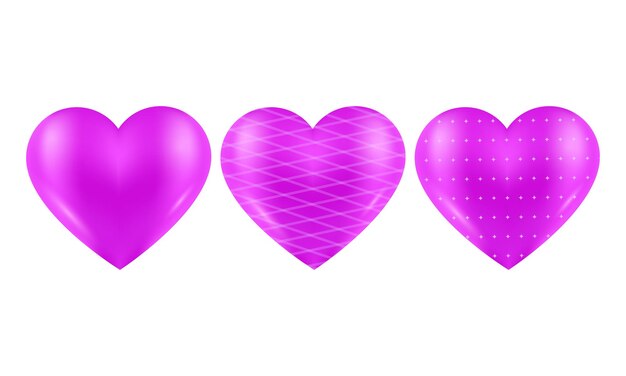 패턴 요소를 가진 3d 보라색 심장의 터 세트