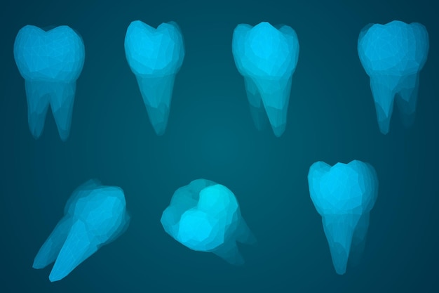 Set vettoriale di denti 3d per odontoiatria su sfondo blu