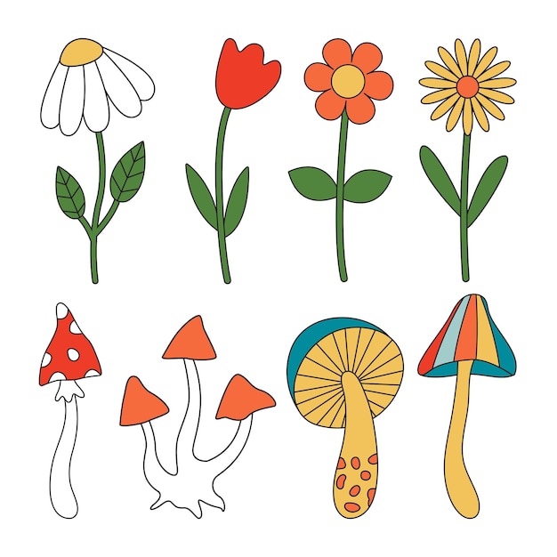 Vector set of 70s psychedelic flowers and mushrooms Retro groovy graphic of floral elements