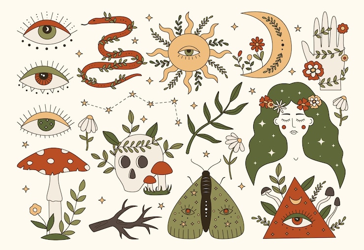 Vector vector set of 70s psychedelic mystery forest cartoon witchcraft illustrations vintage boho clipart