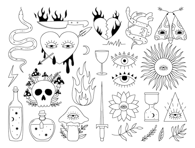 Vector set of 70s psychedelic tattoo drawings Outline groovy graphic elements Vintage boho sketches