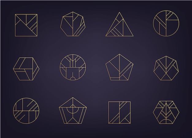 Векторный набор абстрактных геометрических логотипов. Арт-деко, битник, иконы стиля золотой линии.
