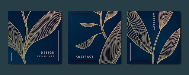 Vector set of abstract luxury golden square cards post templates for social net leaves botanical modern art deco wallpaper background pattern texture for print fabric packaging design