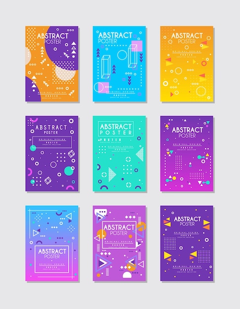 Vector set of abstract posters with geometric shapes and place for text original design in memphis