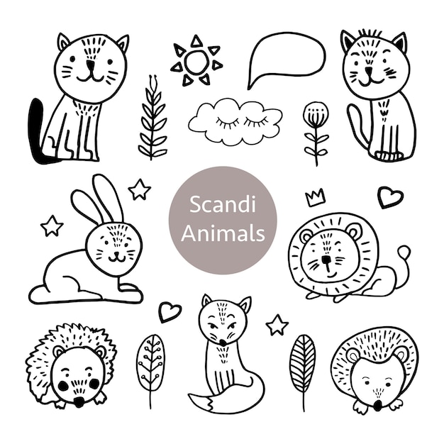 Vector set of adorable animals in trendy scandinavian style. funny, cute, hugge, hand drawn illustration for poster, banner, print, decoration kids playroom or greeting card.