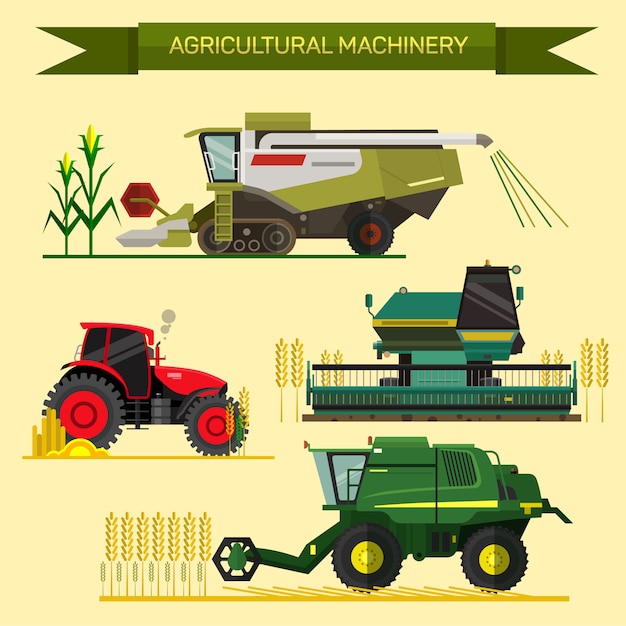 Vettore insieme di vettore di veicoli agricoli e macchine agricole. trattori, mietitrebbie, mietitrebbie. illustrazione in design piatto. concetto di business di agricoltura. macchinari agricoli. raccolta delle colture agricole.