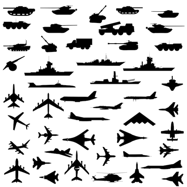 Vector set of aircraft armored ships and guns