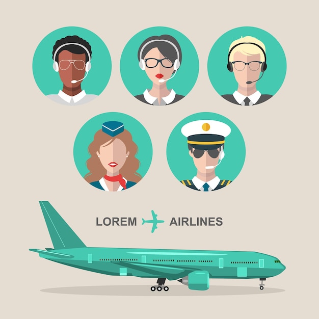 Vettore set vettoriale di icone dell'aeroplano e dell'equipaggio di cabina e del team aeroportuale in stile piatto illustrazioni di avatar maschili e femminili dell'aviazione hostess pilota controllore del traffico aereo