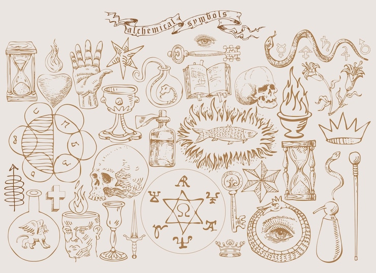 vector set alchemistische symbolen in de stijl van middeleeuwse gravure