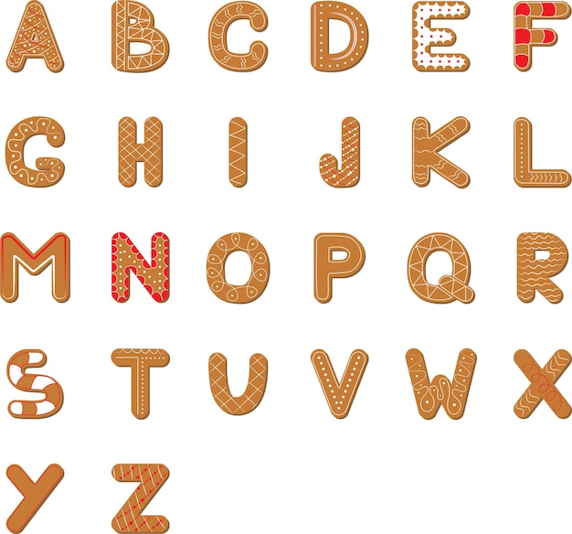 Vector set of alphabet holidays ginger cookie isolated Merry Christmas and Happy New Year