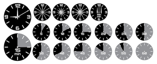 Vector set analog clock with arrows stopwatch with tick marks